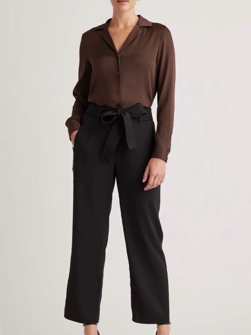 Quince Stretch Crepe Paperback Pants Black High Rise Ankle Length Tie Waist 12